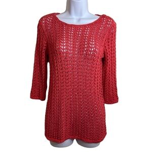 Chico's Open Knit Sweater Tunic Orange 3/4 Sleeves Pullover Sz O (S/4)